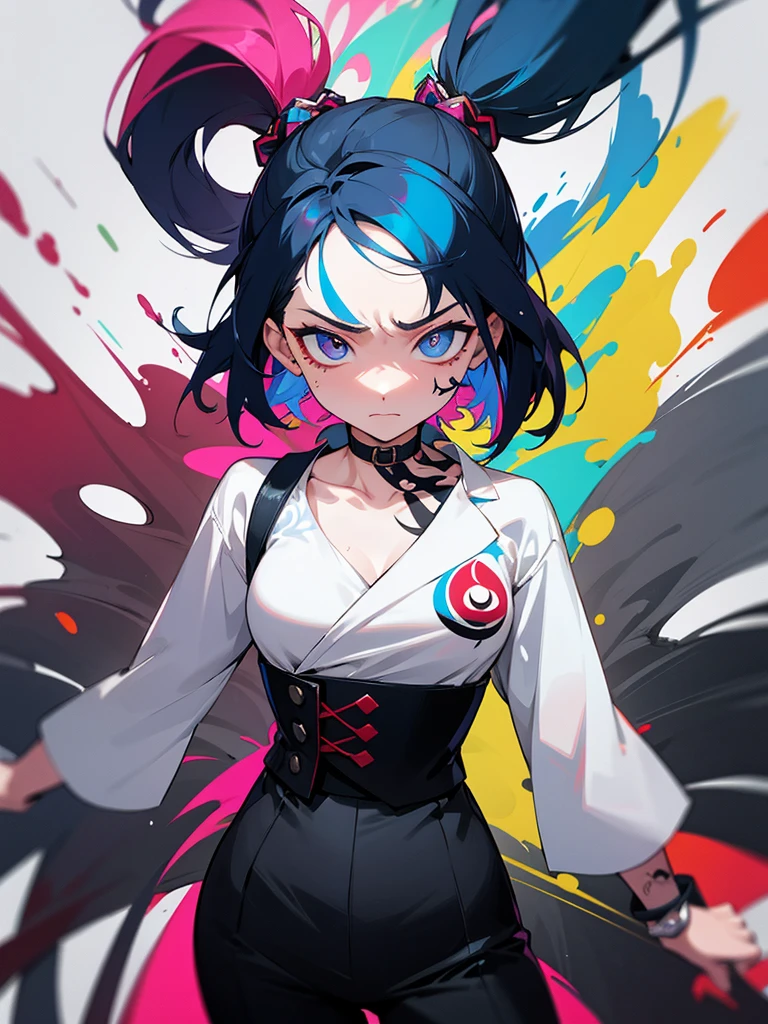 1 woman, wearing a stylish and edgy outfit, the color palette is mainly dark with splashes of vibrant colors, tailored white shirts, fashionable, woman, vibrant, outfit, colorful, accessory, majestic, sharp focus, modern, determined expression, closed one eye, disgusted face, embarrassed, Ink wash painting background, geometry tattoo, (cinematic), elaborate, katana, pose, collarbone,