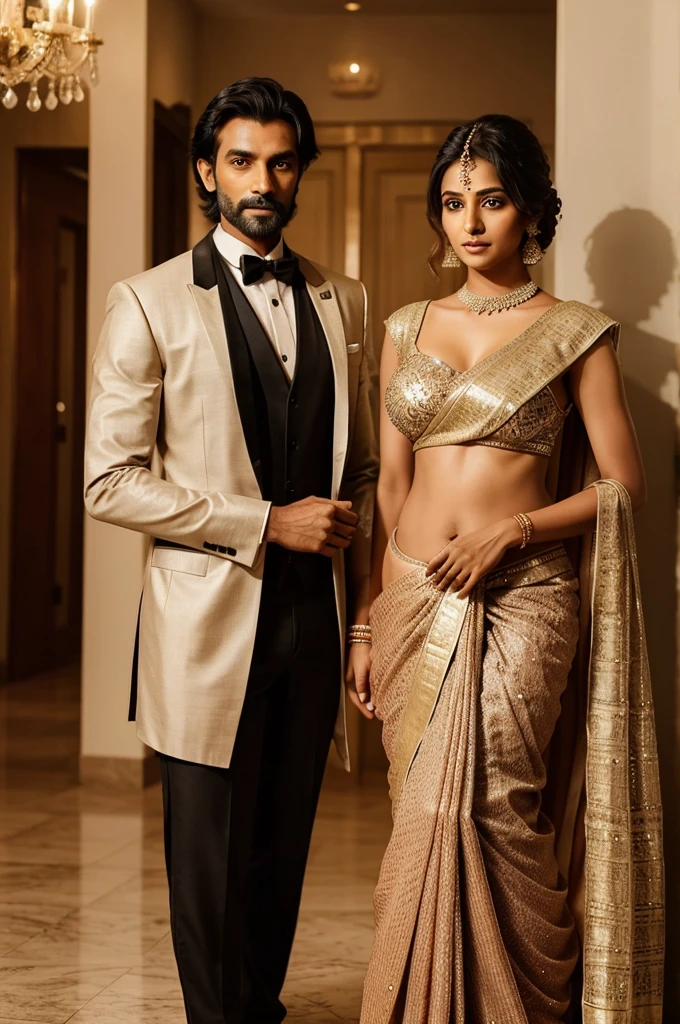 A punjabi guy wearing suit and Indian girl wearing a saree standing next to each other 