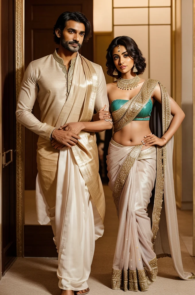 an indian girl wearing a saree of short height with hip length hair and hazel eyes standing with her indian husband a tall man with a well built body with sharp jawline wearing a tuxedo as a couple with zephyr written on top of the image