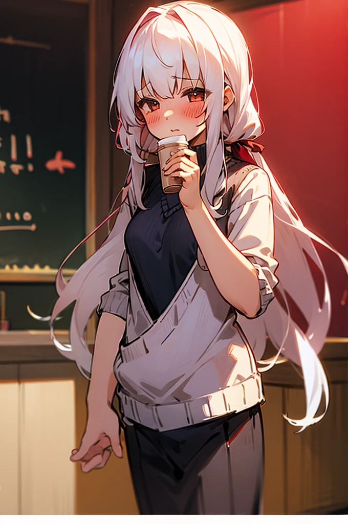 1girl in, 独奏, precum, Long hair, V-neck sweater, (red blush:1.3), Café Background