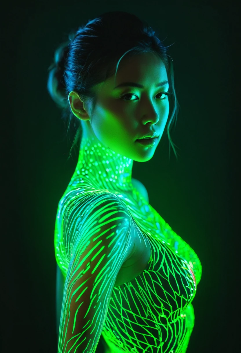 full portrait unique photography with light and painting. Using Fluorescent materials to form abstract patterns that are implemented on the pretty japanese women face with dynamic pose. Phosphorescent materials store light and release it slowly. glow in the dark, prism rainbow effect, Ultra highly detailed, skin texture, detailed art, neon glow backround, Realistic Portrait by Arnau Mas