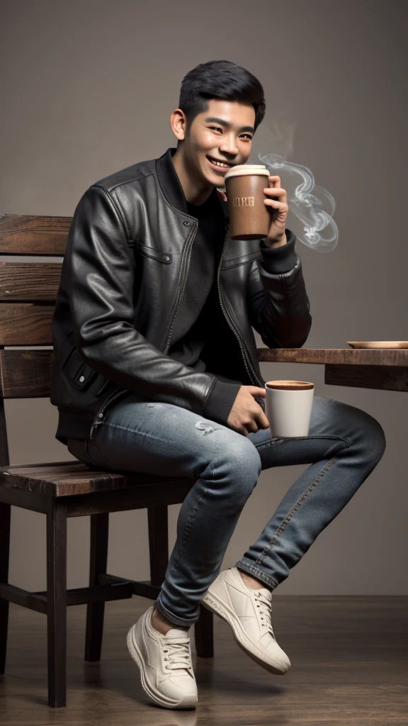 Realist 3D caricature, a young man, Indonesian face, wearing a black jacket, wearing jeans, wearing sneakers, sitting on a wooden chair, smiling, while carrying a cup of warm coffee, smoke effect, black rustic photography background, UHD, Hasselblad X1D II  50c Camera, iso 200