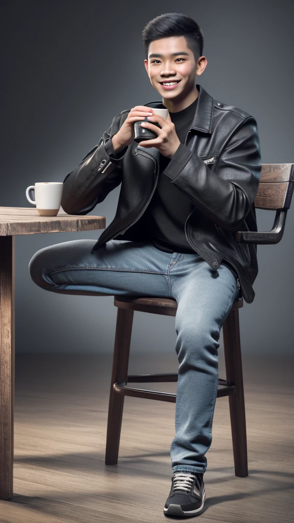 Realist 3D caricature, a young man, Indonesian face, wearing a black jacket, wearing jeans, wearing sneakers, sitting on a wooden chair, smiling, while carrying a cup of warm coffee, smoke effect, black rustic photography background, UHD, Hasselblad X1D II 50c Camera, iso 200
