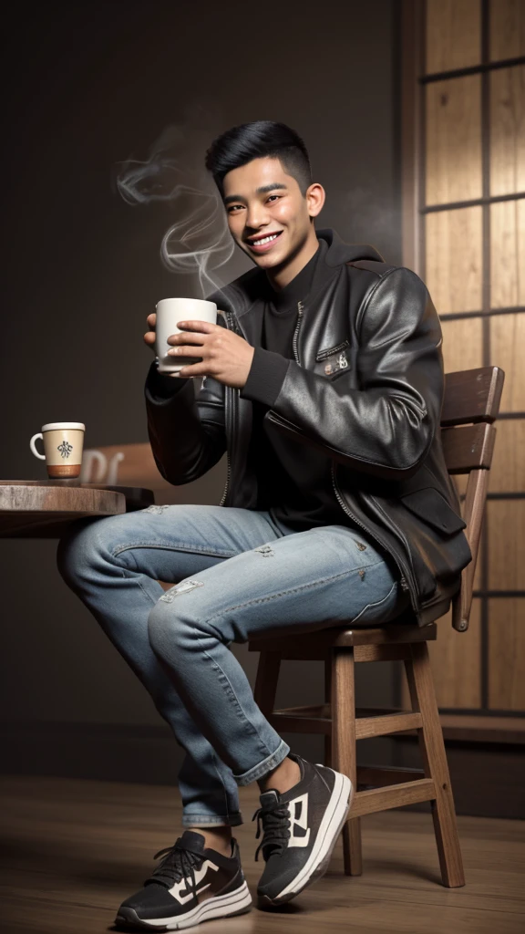 Realist 3D caricature, a young man, Indonesian face, wearing a black jacket, wearing jeans, wearing sneakers, sitting on a wooden chair, smiling, while carrying a cup of warm coffee, smoke effect, black rustic photography background, UHD, Hasselblad X1D II 50c Camera, iso 200