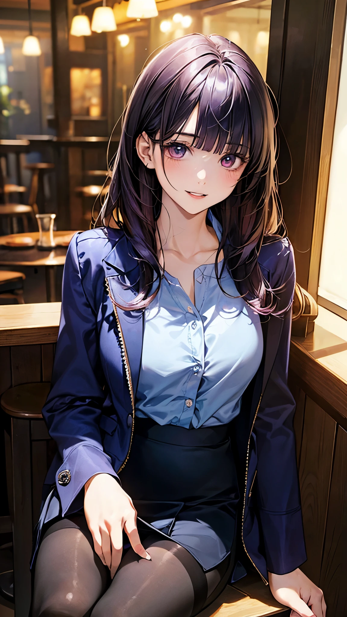 (masterpiece:1.2, top-quality), (realistic, photorealistic:1.4), beautiful illustration, (natural side lighting, movie lighting), surrealism,
looking at viewer, 1 girl, japanese, 22 years old, , perfect face, cute and symmetrical face, babyface, shiny skin,
(long hair:1.8, straight hair:1.7, hair intakes, purple hair), blunt bangs, maroon eyes, big eyes, slant eyes, long eye lasher, (medium breasts, thick thighs),
beautiful hair, beautiful face, beautiful detailed eyes, beautiful clavicle, beautiful body, beautiful chest, beautiful thigh, beautiful legs, beautiful fingers,
((navy jacket, close jacket, navy tight skirt, light blue collared shirt), black pantyhose), clavicle,
(beautiful scenery), evening, (bar:1.2, sitting chair), , (lovely smile, parted lips),