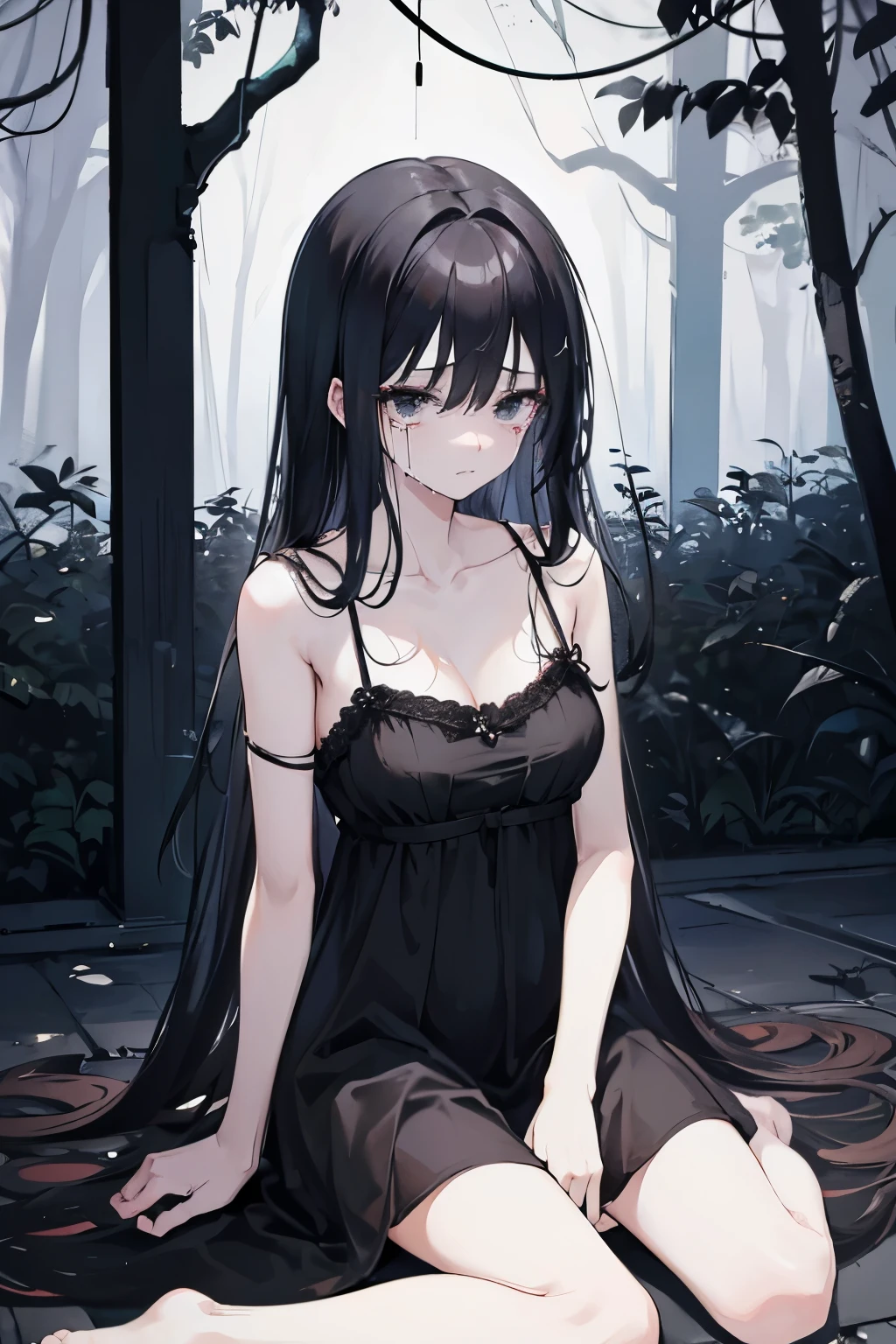 anime girl, angst, dark atmosphere, best quality, detailed face, scared look, crying, throwing up, long black hair, sitting on the ground, wearing a white nightgown with spaghetti straps, black eyes, very skinny