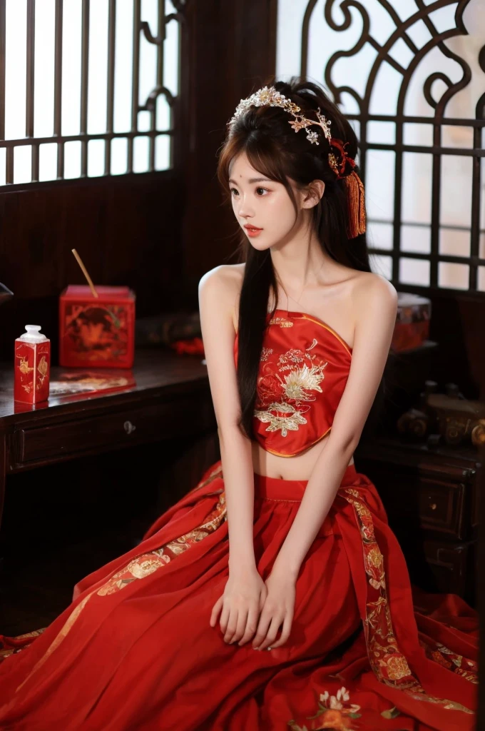 1 girl, skirt, Hair accessories, red skirt, alone, Chinese clothes, long hair, sitting, Bare shoulders, window, brown hair, OK, Indoors, black hair,
looking at the audience