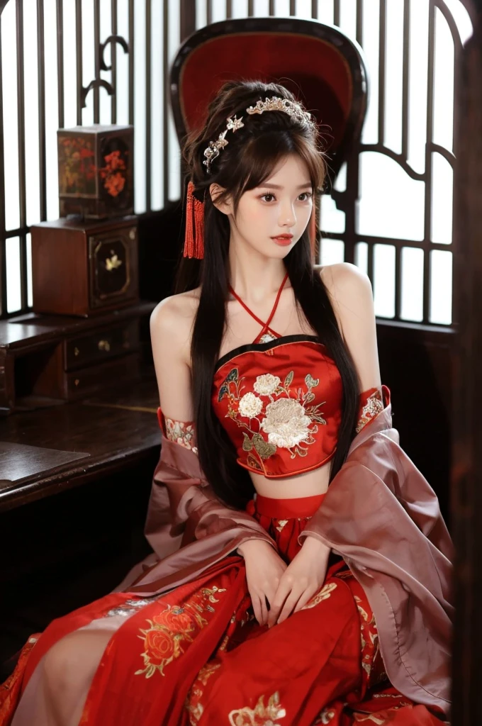 1 girl, skirt, Hair accessories, red skirt, alone, Chinese clothes, long hair, sitting, Bare shoulders, window, brown hair, OK, Indoors, black hair,
looking at the audience
 