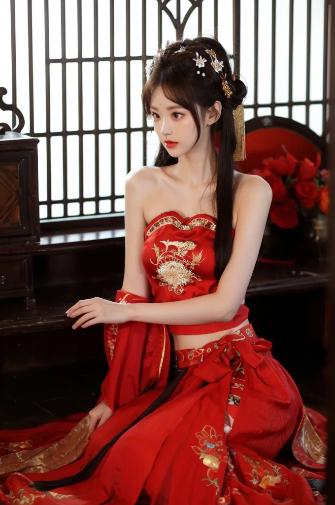 1 girl, skirt, Hair accessories, red skirt, alone, Chinese clothes, long hair, sitting, Bare shoulders, window, brown hair, OK, Indoors, black hair,
looking at the audience
 