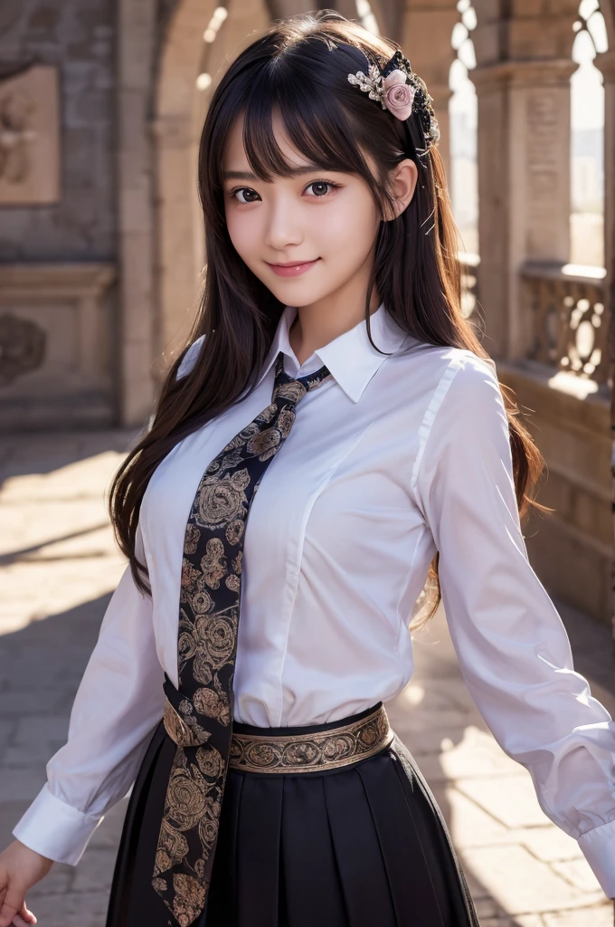 (Realistic, Photorealistic: 1.37), Incredibly Absurd, (Insanely Detailed: 1.3), 8k, (Masterpiece), (Highest Quality: 1.4), (Ultra High Resolution: 1.2), (RAW Photo: 1.2), Ultra Detailed Background, (Unity 8k Wallpaper), One girl from Nogizaka, Very cute, Beautiful girl, , Exquisitely detailed and beautiful face and eyes and skin, Detailed black shiny hair, Ruffled necktie, Ribbon tie, Rose hair accessory, Soft fabric, Smiling at the camera, Cowboy shot, European castle scenery, Professional lighting, Nipple slip