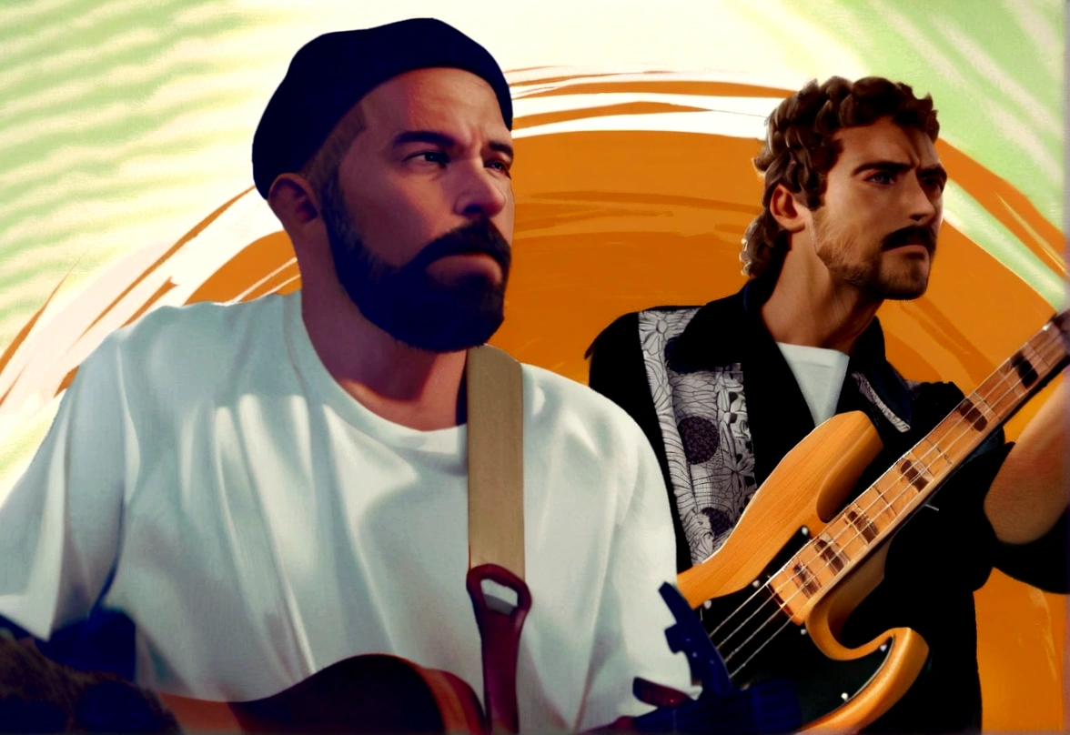 "Create a colorful Pixar-style illustration of two blond men with light eyes playing musical instruments in a drawn style. The first man is on the left, wearing a black beanie and a white t-shirt, playing a Taylor acoustic guitar. He has a full beard and is focused on the music. The second man is on the right, wearing a black shirt with a detailed black and white pattern, playing an electric bass. He has curly hair and is looking forward with a serious expression. They can be on a small wooden stage with a beach in the background."