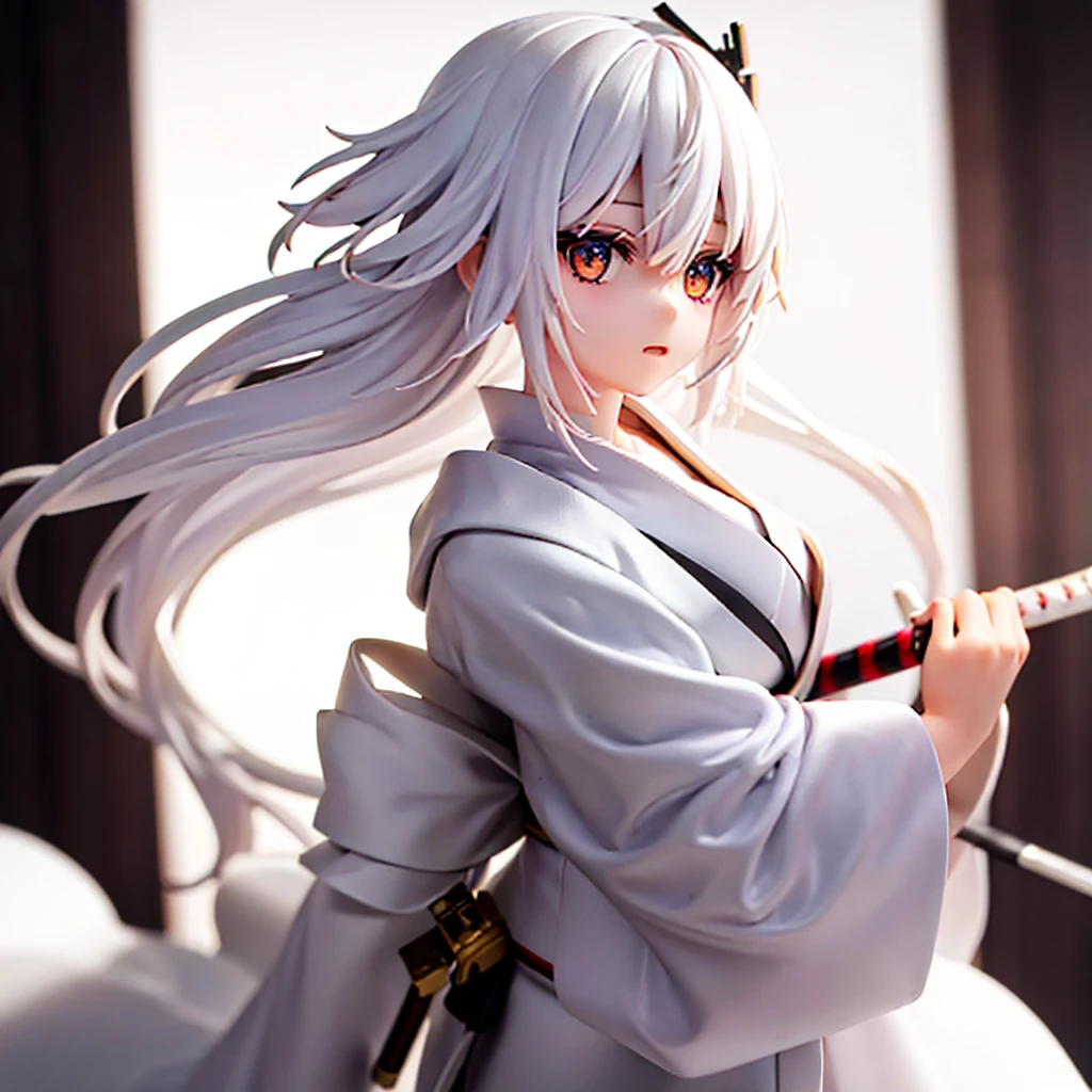Girl with white hair, white eyes, in a white kimono, holding a katana