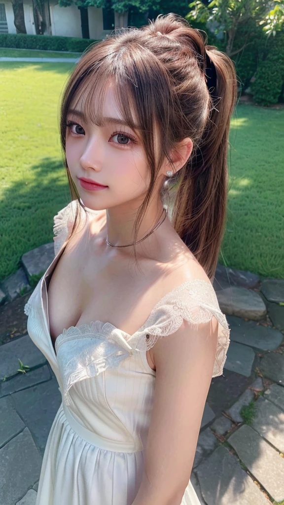 One piece with collar,outdoors,Urban Park,On the lawn,Ultra-detailed, finely detail, hight resolution, 8K Wallpaper, Perfect dynamic composition, Beautiful detailed eyes,Outdoor,Close-up of face,Outdoor,Blushing,Facing forward,,Long hair ponytail,((8k, Raw photo, Best Quality, Mastepiece:1.2), (Realism, Photorealistic:1.4), (Highly detailed 8K wallpapers), Depth of written boundary, Cinematic Lighting, Soft Light, Detailed Beauty Eye,Shiny and smooth light brown ponytail, Asymmetrical bangs, Shiny skin, Ultra-detailed skins ,It is high resolution., High detail, Detailed hairstyle, Detailed facial beauty, Hyper-realistic, Perfect limbs, Perfect Anatomy ,1 Japanese girl,Famous Japanese Idols, Perfect female body,A shy smile,Short eyelashes,Double-edged eyelids,Look straight here,Hair style: ponytail,