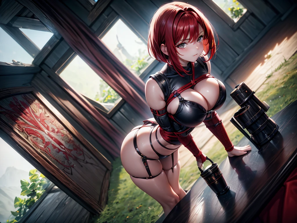 ((ung girl, red hair, short bob, brown eyes)), (best quality), (ultra-detailed), illustration, (detailed light), (an extremely delicate and beautiful), (mortifying:1.2), (angly:1.2) black sexy armor, ((arms is restrained to chair behind back by red rope)), from above, (Beautiful large breasts:1.3), best quality, extremely detailed CG unified 8k wallpaper, High-definition raw color photos, professional photography, (((Bokeh))), Inside the room of mountain hut,