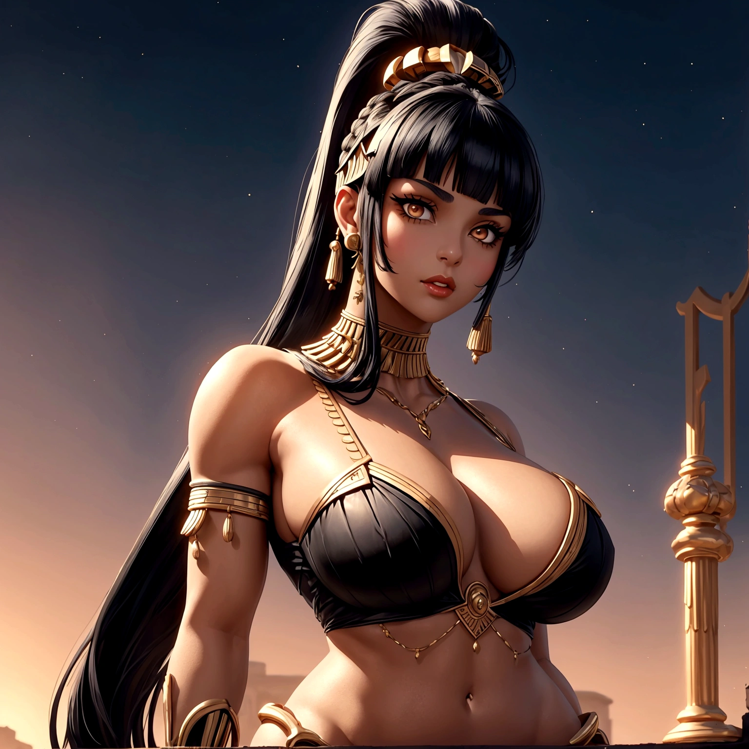 Cleopatra girl with extreme muscular body, fair skin, black hair with ponytail and gigantic .