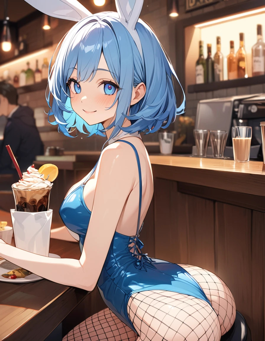 (Highest qualityのイラスト:1.2), (pretty girl:1.1), (1 girl、),(1 girl、smile、Round eyes:1.2)、Bright blue hair、Short Bob Hair、Bunny girl、Bunny ears、Blue leotard、Fishnet tights、High heeledium chest、Café Bar、smile、masterpieceサイドライト、masterpiece、Highest quality、detailed、High resolution illustrations), Soft Focus