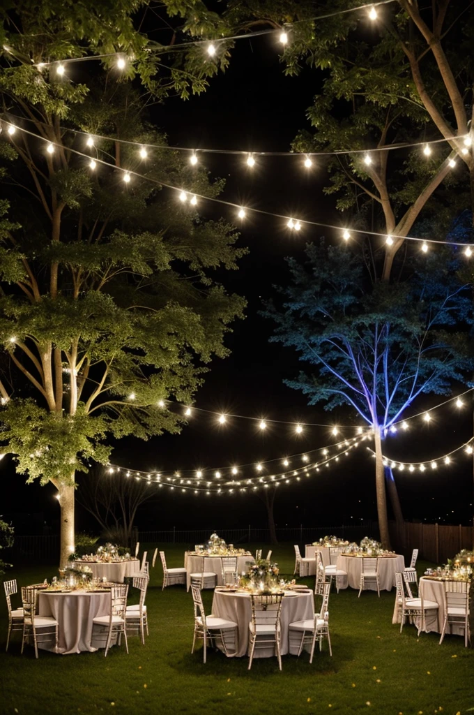 outdoor party, in a grassy yard. decorated with lights and hanging pennants. Much color. Remove tables and chairs. Festive environment.