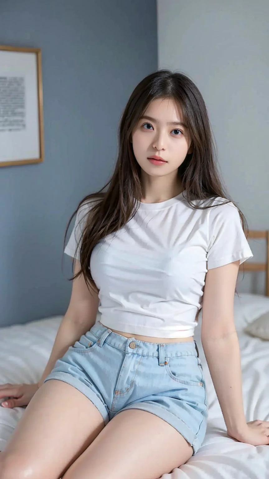 masterpiece, best quality, illustration, Super detailed, fine details, High resolution, 8K,wall paper, perfect dynamic composition,(Details High quality, realistic depiction of eyes:1.3), from side, standing,(White T-shirt and denim mini skirt:1.3), short bob hair、black hair color, Big Natural Color Lip, bold sexy pose, crying a little、cold gaze, Harajuku style、acrobatic pose, 20 year old girl、cute type、lolita、beautiful legs, hotel room, gravure idol, Voluptuous thighs, large breasts, Don't expose it