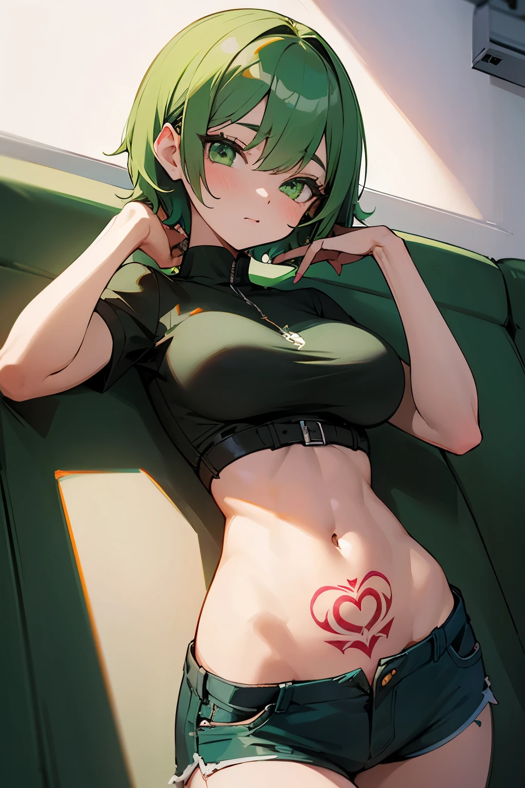 Cute girl, short green hair, green eyes, phone battery tattoo 🪫 on her stomach, big breasts, exposed stomach, short pants 