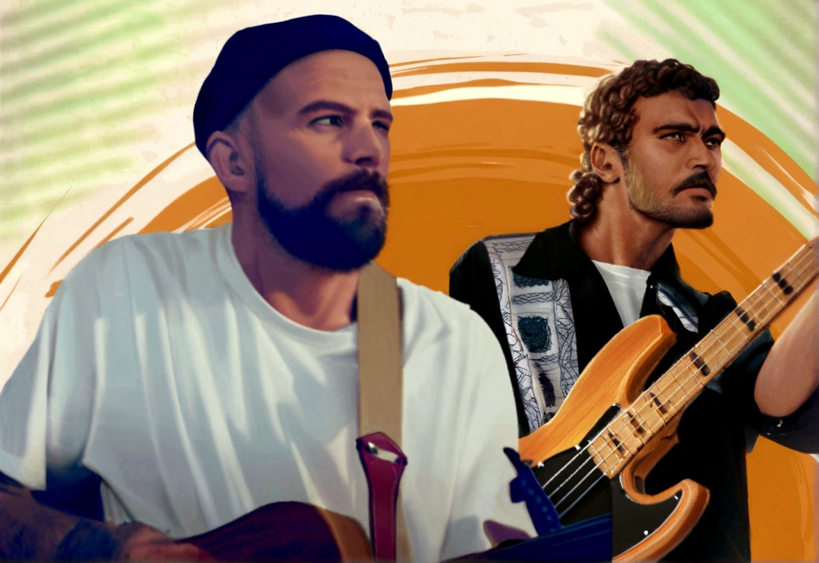 "Create a colorful Pixar-style illustration of two blond men with light eyes playing musical instruments in a drawn style. The first man is on the left, wearing a black beanie and a white t-shirt, playing a Taylor acoustic guitar. He has a full beard and is focused on the music. The second man is on the right, wearing a black shirt with a detailed black and white pattern, playing an electric bass. He has curly hair and is looking forward with a serious expression. They can be on a small wooden stage with a beach in the background."