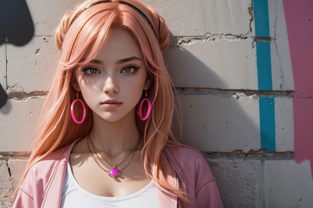 (masterpiece, Best quality, 1 girl, One, complex parts, Chromatic aberration), realistic, ((average breathing)),long hair, orange hair, Decoration on the head, pink highlights, hair over one eye, earrings, keen eyes, necklace, neon shirt, open jacket, crop top, (eye symmetry),(perfect symmetrical body),near the wall, Brick wall, graffiti, dim lighting, lane ,look at the viewer