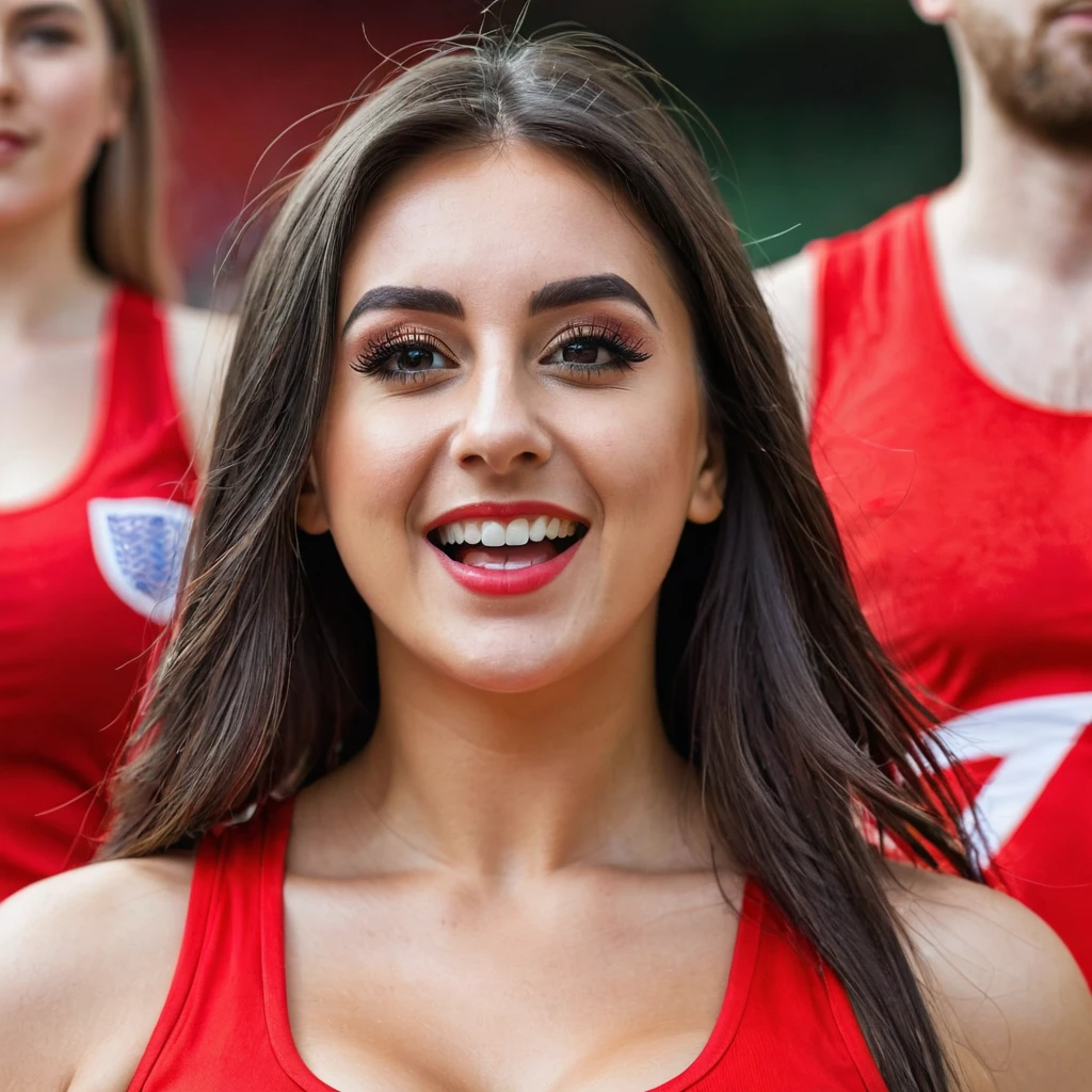Supporter of the English national football team,close up  beautiful busty young woman wearing red tank top   cheer for their beloved team