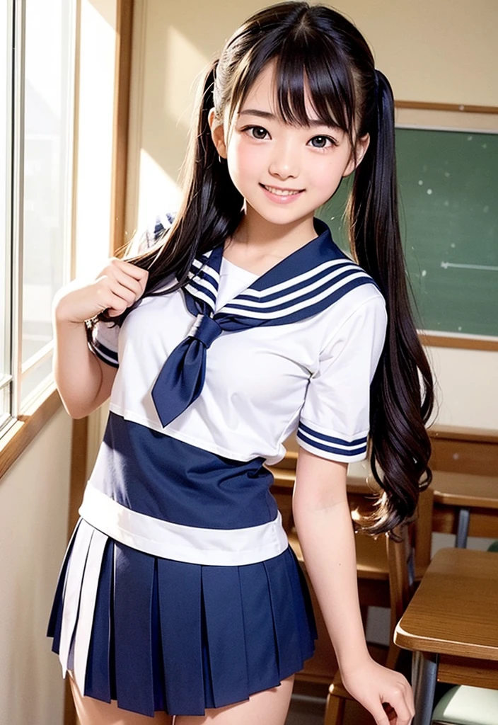 (Highest quality,masterpiece:1.3,Ultra-high resolution),(Ultra high definition、Caustics) (Photorealistic:1.4、RAW shooting、)Ultra-realistic capture、Very detailed、Natural skin texture、masterpiece、(Junior high school sailor uniform:1.3)、One Japanese girl、Adorable expression、Happy expression、s old、Young face、Amazingly cute、Twin tails、Curly Hair、Black Hair、Scrunchie、Thinning、Medium breast、Junior high school classroom、Shining thighs、Summer sunshine、smile、An inviting gaze、Cowboy Shot