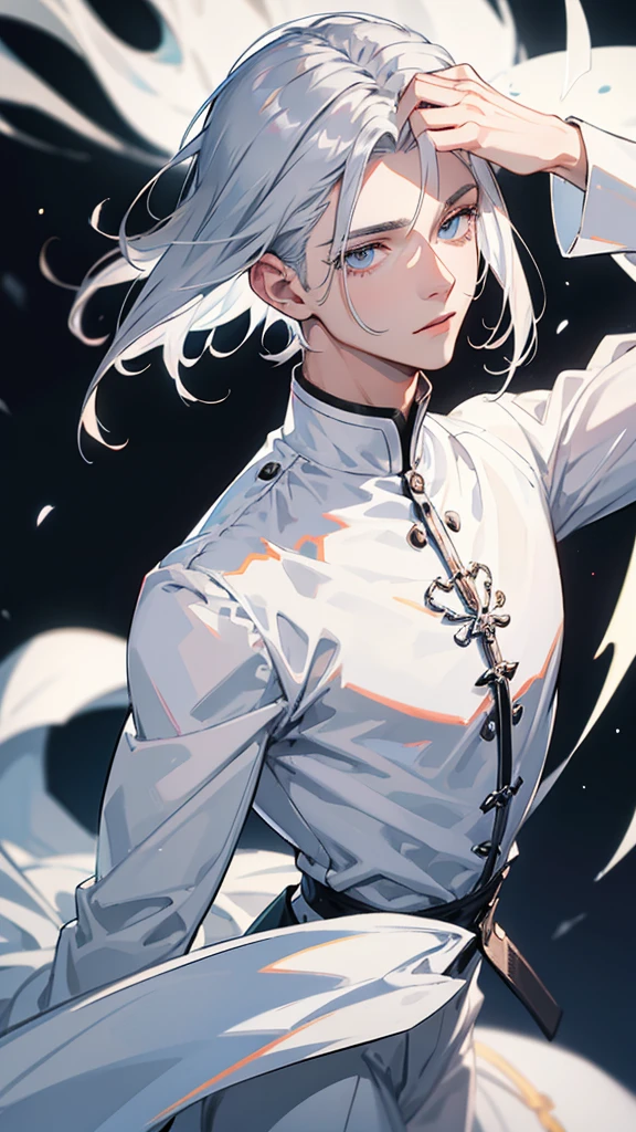 Silver hair, wolfcut hair, diamond colored eyes, white clothes, perfect face shape, calm expression, perfect man, HD.