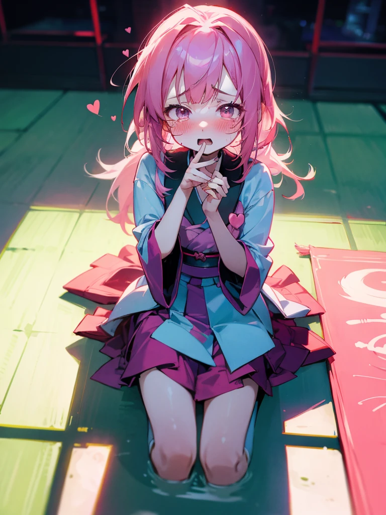 anime girl with pink hair holding a knife , yandere, Japanese uniform, , (anime girl), anime style 4 k, anime visual of a cute girl, clean detailed anime art,looking at viewer, cry, blushing,heart pupil eyes, kneel on the ground,sad, night background, holding the viewer's hand to beg not to break up.