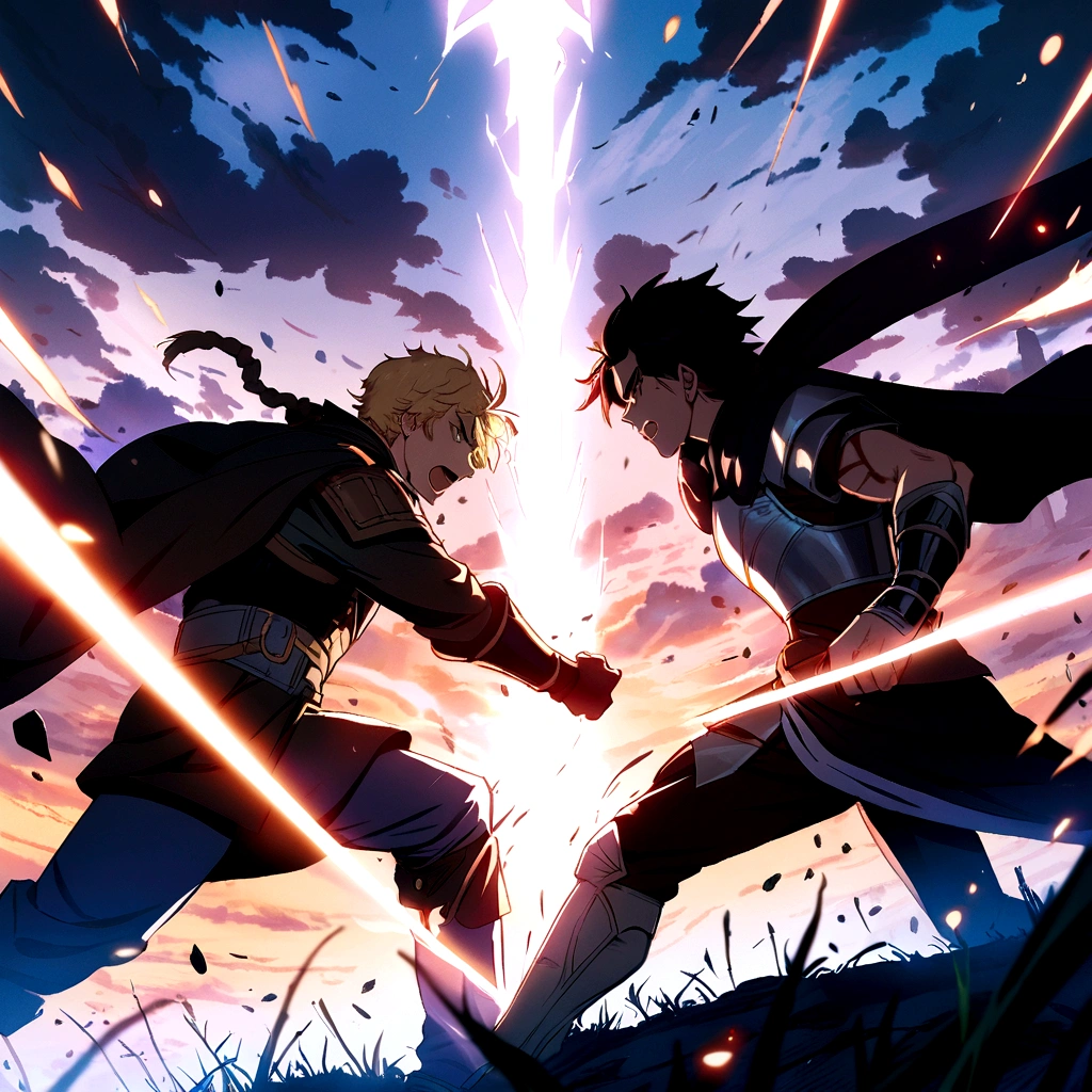 anime scene of two men fighting with swords in a field, noah bradley. sharp focus, anime fight, krenz cushart and artem demura, akehiko inoue and ross tran, sword fight, krenz cushart and asher duran, krenz cushart and wenjun lin, greg rutkowski and krenz cushart."Crie uma imagem de uma batalha épica entre Toto e Christian. Toto, an athletic young man with short blond hair, is wearing light armor and holding a shining sword that emanates a powerful light. He is fighting with determination and strength. Christian, a 17 year old with pale skin and angelic brown hair, is dressed in simple combat clothes and fighting with a dark blade full of energy. A dark and powerful aura surrounds you. Luli is in the background, watching the battle with a serious expression, dressed in her warrior clothes. The battlefield is a broken and broken terrain, with broken rocks, felled trees and magical energy visible in the air. The sky is cloudy and dark, with occasional flashes of lightning illuminating the scene. The image must convey the intensity and drama of the battle, destacando o confronto de poderes entre Toto e Christian e a tensão do momento."