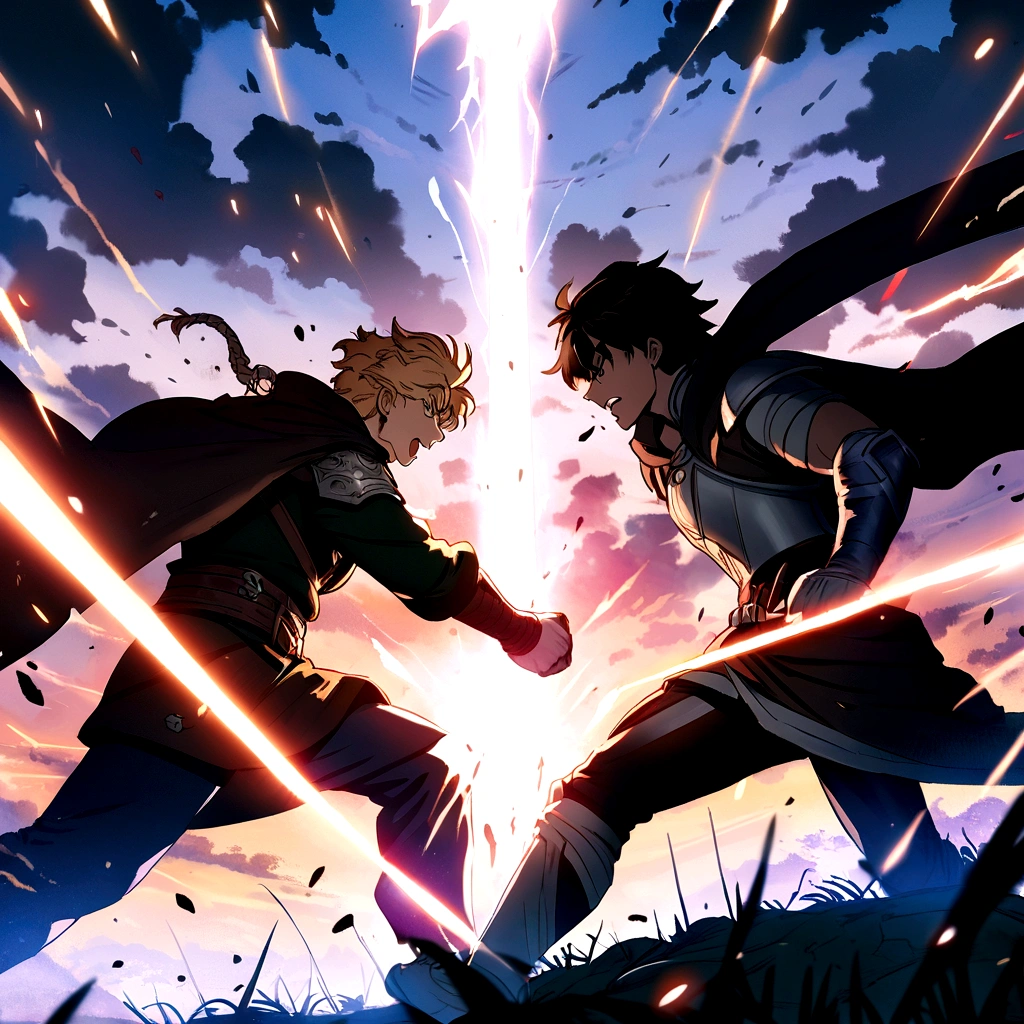 anime scene of two men fighting with swords in a field, noah bradley. sharp focus, anime fight, krenz cushart and artem demura, akehiko inoue and ross tran, sword fight, krenz cushart and asher duran, krenz cushart and wenjun lin, greg rutkowski and krenz cushart."Crie uma imagem de uma batalha épica entre Toto e Christian. Toto, an athletic young man with short blond hair, is wearing light armor and holding a shining sword that emanates a powerful light. He is fighting with determination and strength. Christian, a with pale skin and angelic brown hair, is dressed in simple combat clothes and fighting with a dark blade full of energy. A dark and powerful aura surrounds you. Luli is in the background, watching the battle with a serious expression, dressed in her warrior clothes. The battlefield is a broken and broken terrain, with broken rocks, felled trees and magical energy visible in the air. The sky is cloudy and dark, with occasional flashes of lightning illuminating the scene. The image must convey the intensity and drama of the battle, destacando o confronto de poderes entre Toto e Christian e a tensão do momento."