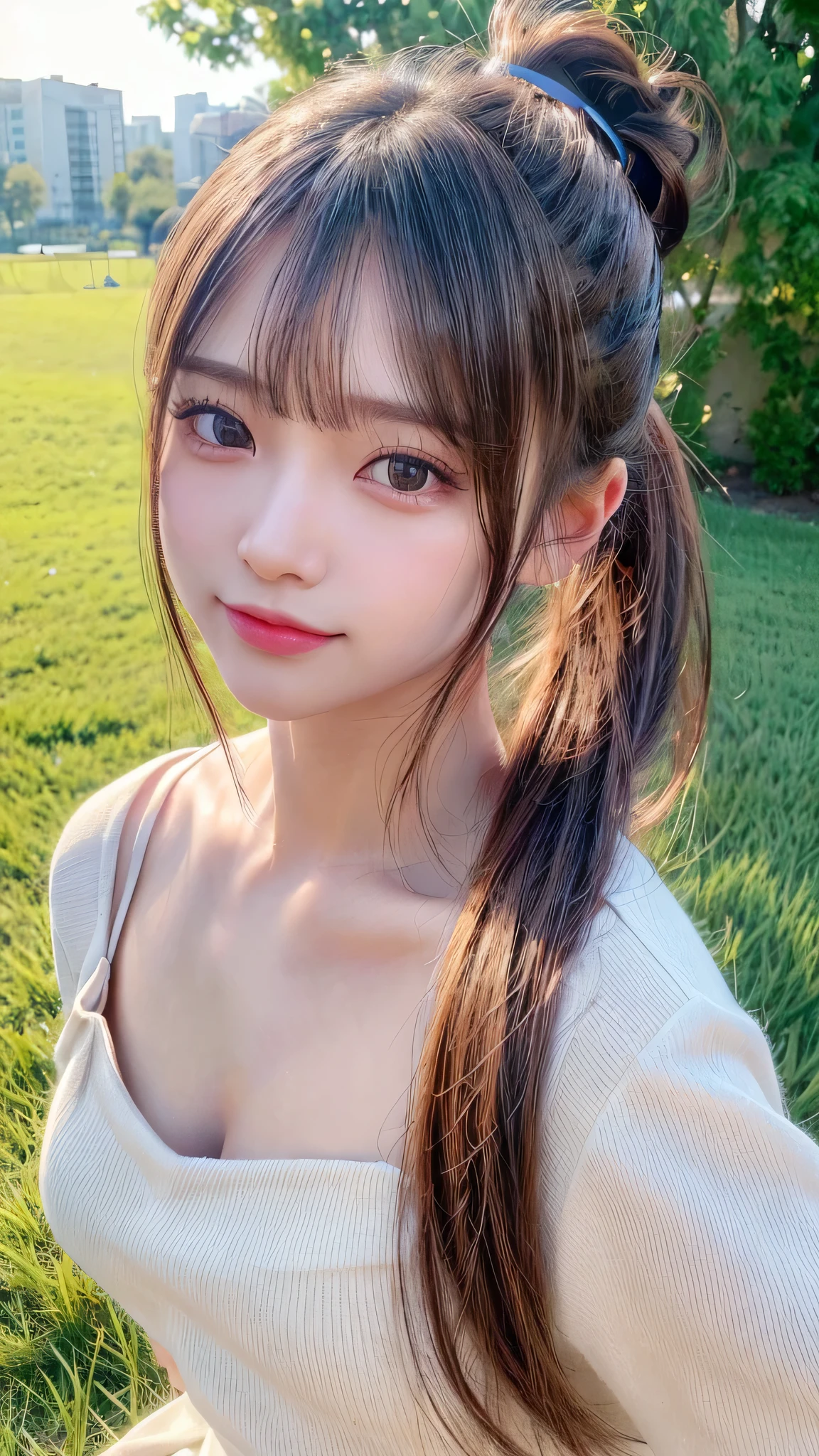 One piece with collar,outdoors,Urban Park,On the lawn,Ultra-detailed, finely detail, hight resolution, 8K Wallpaper, Perfect dynamic composition, Beautiful detailed eyes,Outdoor,Close-up of face,Outdoor,Blushing,Facing forward,,Long hair ponytail,((8k, Raw photo, Best Quality, Mastepiece:1.2), (Realism, Photorealistic:1.4), (Highly detailed 8K wallpapers), Depth of written boundary, Cinematic Lighting, Soft Light, Detailed Beauty Eye,Shiny and smooth light brown ponytail, Asymmetrical bangs, Shiny skin, Ultra-detailed skins ,It is high resolution., High detail, Detailed hairstyle, Detailed facial beauty, Hyper-realistic, Perfect limbs, Perfect Anatomy ,1 Japanese girl,Famous Japanese Idols, Perfect female body,A shy smile,Short eyelashes,Double-edged eyelids,Look straight here,Hair style: ponytail,