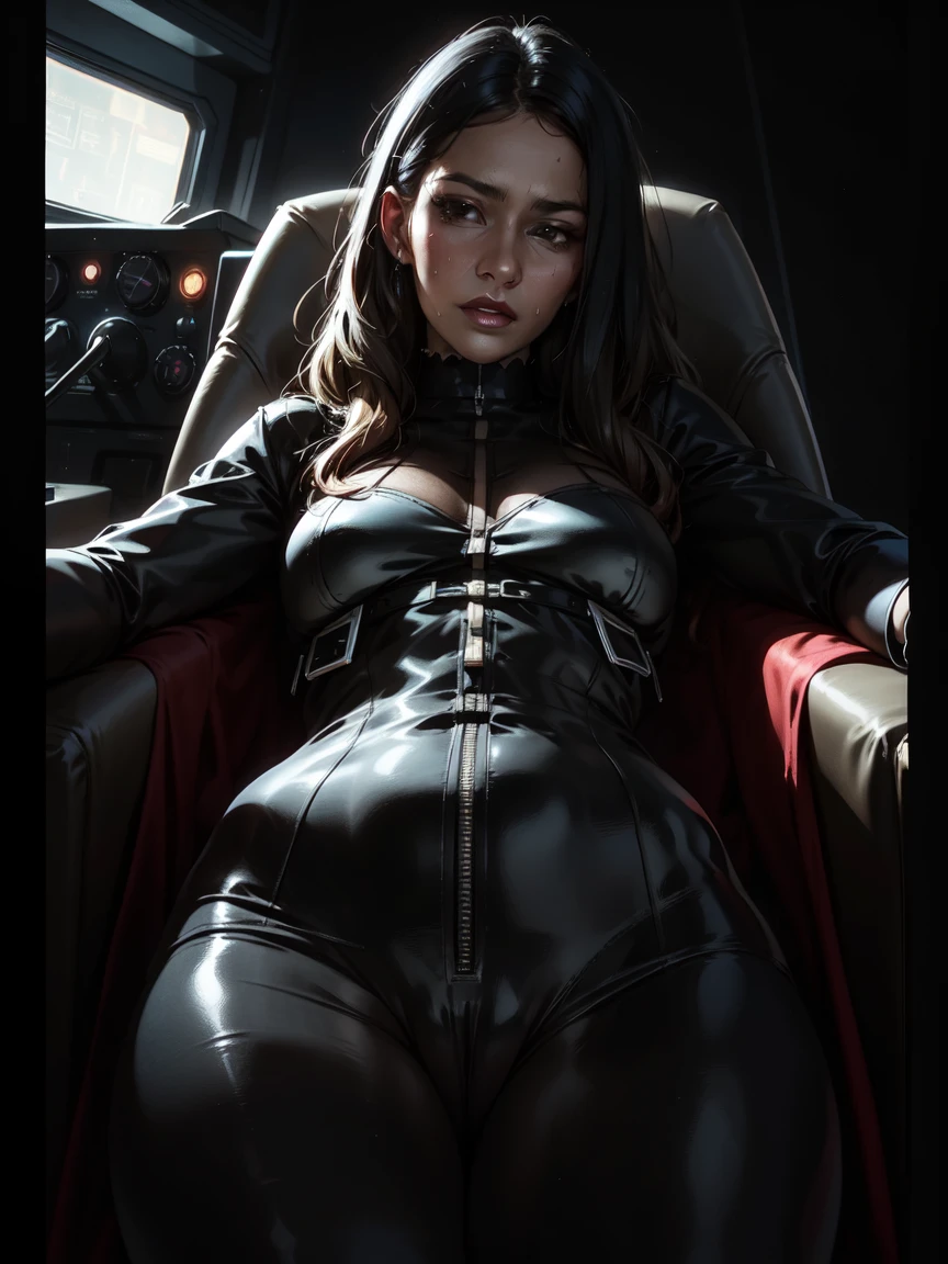 ((gothic vampire piloting in gothic spacecraft)), (((retro anime))), ((from below)), (120 fov), ((((gothic control panels)))), ((mature)), ((vampiric)), (iridescent bodysuit), lace accessories, ((pilot seat)), ((((lying back)) pose)), ((elegant)), (((serious tone))), futuristic, (cockpit top control panel), (dark background), intricate control panel details, 1990s (style), [blushing], sweat, masterpiece, ((claustrophobic)), sparkles, limited colors, best quality, screens, pilot helm, control wheel