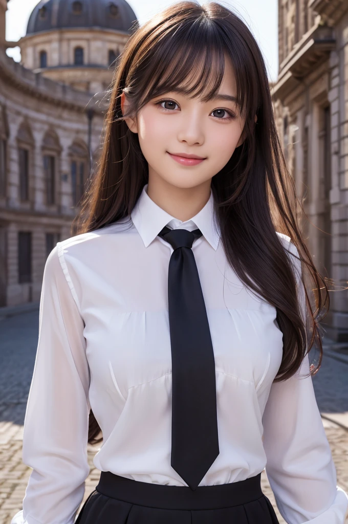 (Realistic, Photorealistic: 1.37), Incredibly Absurd, (Insanely Detailed: 1.3), 8k, (Masterpiece), (Highest Quality: 1.4), (Ultra High Resolution: 1.2), (RAW Photo: 1.2), Ultra Detailed Background, (Unity 8k Wallpaper), One girl from Nogizaka, Very cute, Beautiful girl, , Exquisitely detailed and beautiful face and eyes and skin, Detailed black glossy hair, Ruffled necktie, Ribbon tie, Rose hair accessory, Smiling at the camera, Cowboy shot, European castle scenery, Professional lighting, Nipple slip