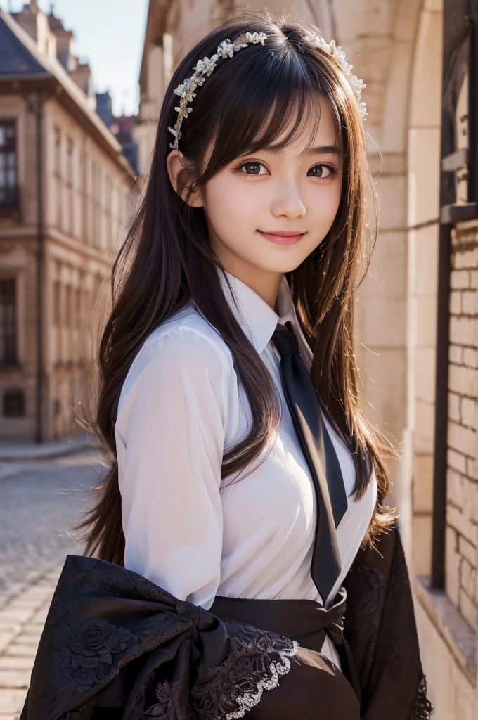 (Realistic, Photorealistic: 1.37), Incredibly Absurd, (Insanely Detailed: 1.3), 8k, (Masterpiece), (Highest Quality: 1.4), (Ultra High Resolution: 1.2), (RAW Photo: 1.2), Ultra Detailed Background, (Unity 8k Wallpaper), One girl from Nogizaka, Very cute, Beautiful girl, , Exquisitely detailed and beautiful face and eyes and skin, Detailed black glossy hair, Ruffled necktie, Ribbon tie, Rose hair accessory, Smiling at the camera, Cowboy shot, European castle scenery, Professional lighting, Nipple slip