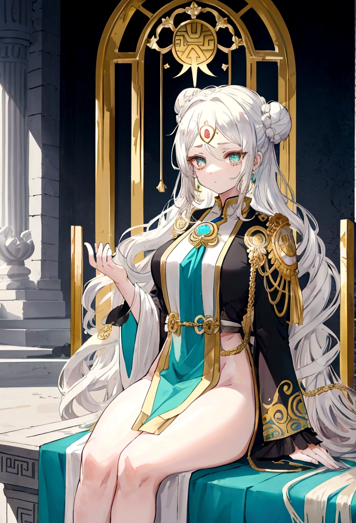 anime adult woman with wavy white hair half collected with a bun with two strands over her face, one golden eye and one turquoise eye, she has a gem on her forehead, gentle and decorations in her hair, wearing a black tunic with French style gold touches, sitting in a Greek sanctuary meditating
