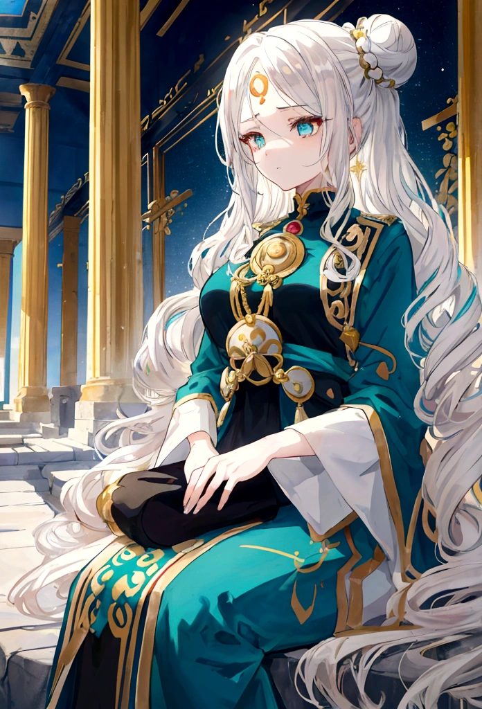 anime adult woman with wavy white hair half collected with a bun with two strands over her face, one golden eye and one turquoise eye, she has a gem on her forehead, gentle and decorations in her hair, wearing a black tunic with French style gold touches, sitting in a Greek sanctuary meditating