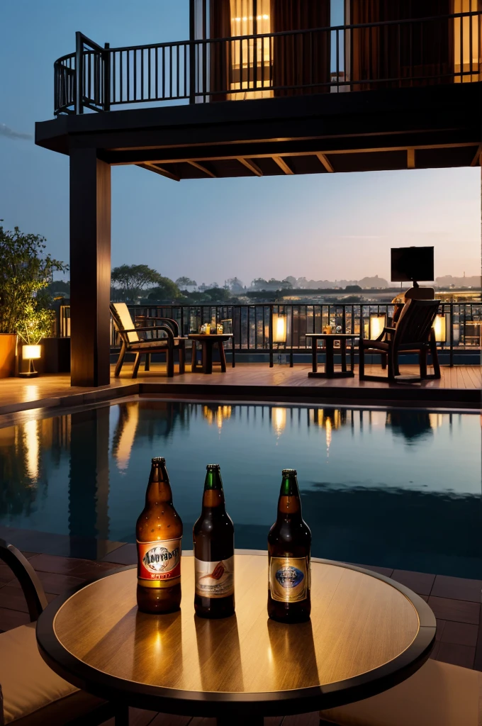 A evening view of a hotel balcony with round black color table with two beer bottles of kingfisher brand 