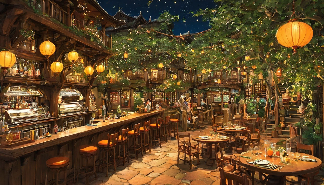 Light, Lots of green and orange, Intricate details,　night、Detailed Characters, Ghibli-like animation, アニメ , Scenes of dwarves, adventurers and elves chatting together in a lively bar (アニメ style), images of a different world or a Western bar, a bright interior,pop style, 