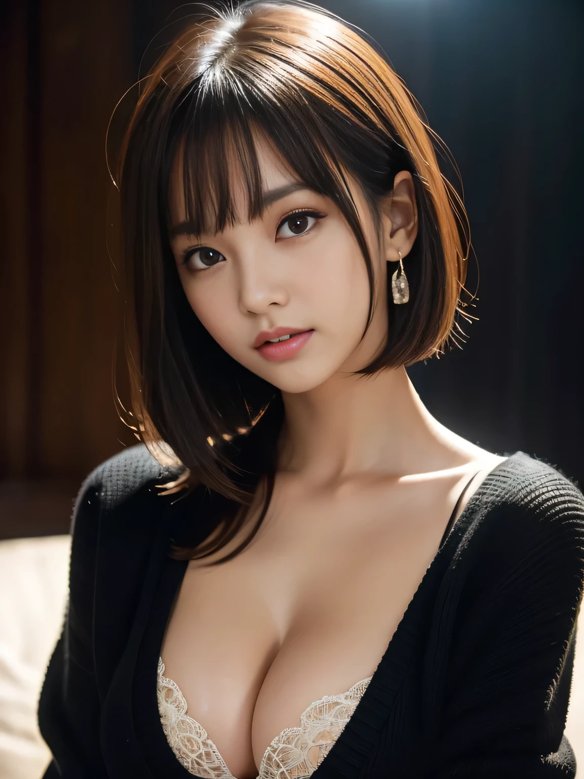 masterpiece, best quality, ultra-detailed, intricately detailed hyperdetailed, realistic, sharp features, highly detailed, sharp focus, , Japanese idol, perfect face, perfect symmetrically perfect eyes, perfect full lips, flexible female form, cinematic, film light, hyper detailed, hyper realistic, high resolution, vibrant, dynamic studio lighting, Dark background, short hair, straight Bangs, cleavage, brown Eyes, Black sweater, cowboy shot,