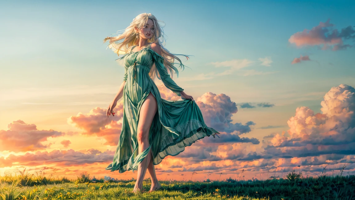 On the grassland that stretches into the distance, A beautiful girl is walking, long white hair, she wear light green long dress, beautiful face, red lip, sparking eyes, Barefoot and empty-handed, she just walks, The green grassland, The wind sways the grass like ocean waves, The grassland is green and soft, white metalic, sparking, sunset, blue sky, white cloud, wind, 8k, detail,