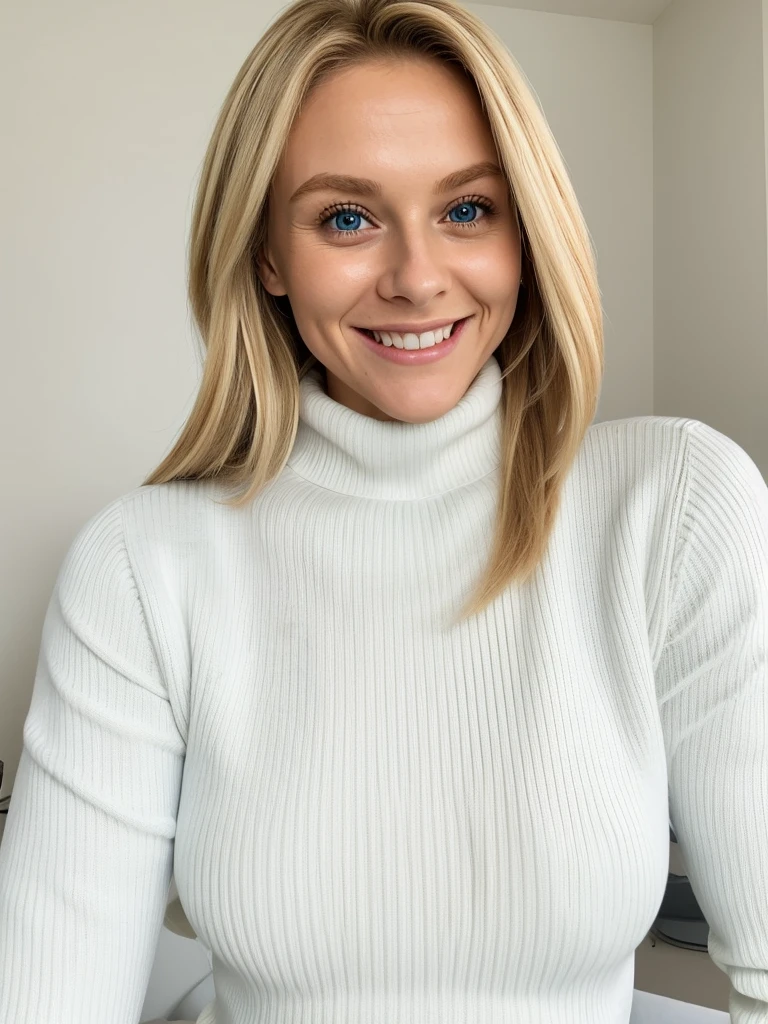 photo of a playful cute blonde submissive wife with massive beautiful eyes, She wears: (turtleneck high ribbed bright tight white sweater:1.1), submissive seductive pose, high tight ribbed neck, seductive smile, perfect fake tits, turtleneck top