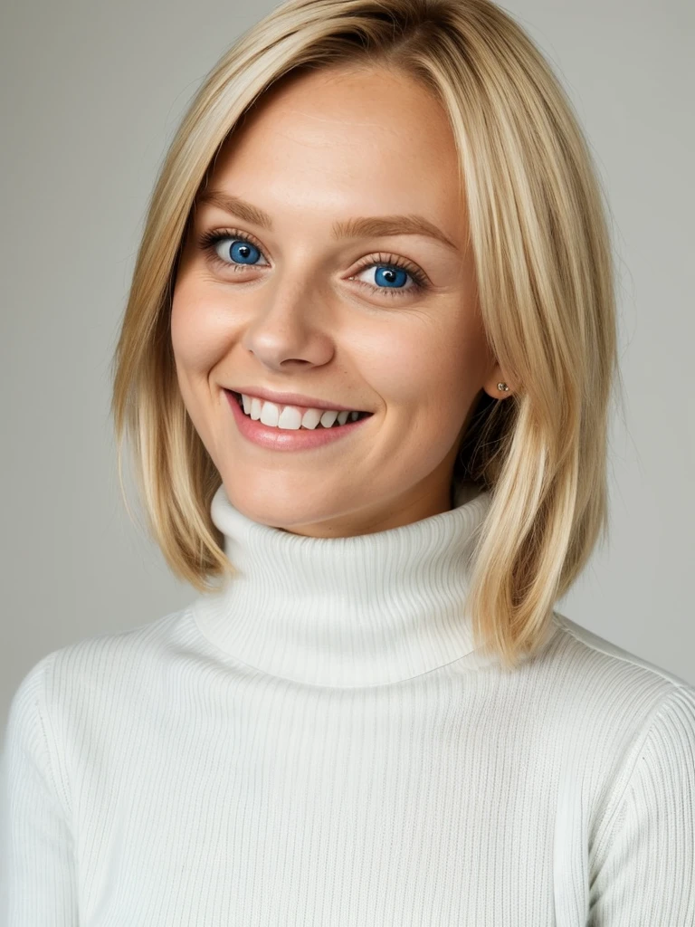 photo of a playful cute blonde teen submissive wife with massive beautiful eyes, She wears: (turtleneck high ribbed bright tight white sweater:1.1), submissive seductive pose, high tight ribbed neck, seductive smile, perfect fake tits, turtleneck top