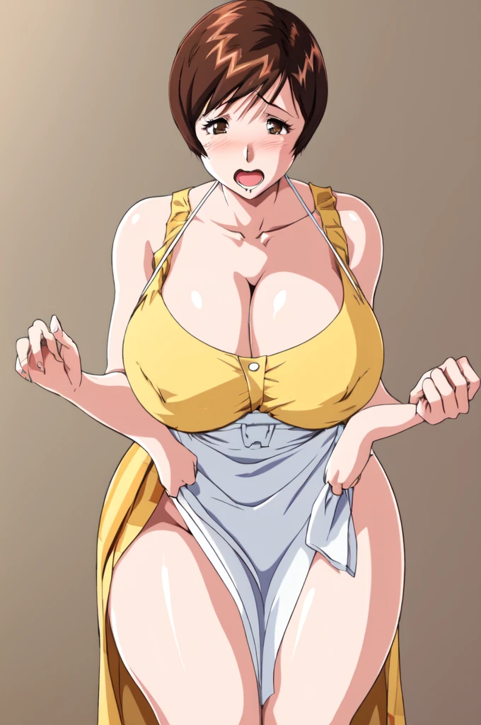 masterpiece, highest quality, High resolution, One girl, 1boy, sexual intercourse, Pornographic images, short hair, etsukoto, brown Eyes, fine grain, fine grain, (((Thick thighs, Plump thighs, Voluptuous thighs, Thighs alone are enough))), Huge and ample breasts, Cleavage, Huge long breasts, Naughty big,((Big breasts are important))、((Naughty thighs)), L Cup, (thin:1.4),(Tight waist:1.4), (yellow dress:1.4), ((white waist apron)), white panties, anguish, open mouth, blush, (((Simple Background))), ((Wide Hips)), Shiny, Oily skin, Mature mother, Calf, Seductive mature woman, Perfect body, Plus Size Model, curvy, ample, etsukoto, blush, clavicle, retro artstyle, 1990s (style), (thick thighs:1.4), bursting thigh, ((pov)), (((grabbing her thigh))), hetero, nsfw,