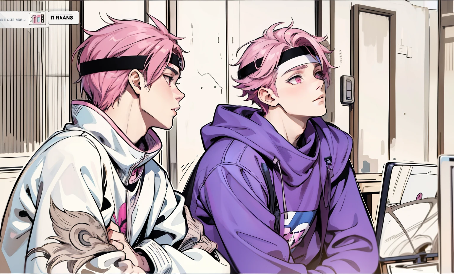 The  boys have pink eyes, pink hair, they have a black TV band on their heads, they are looking at someone in front of them, they have pink hair. 