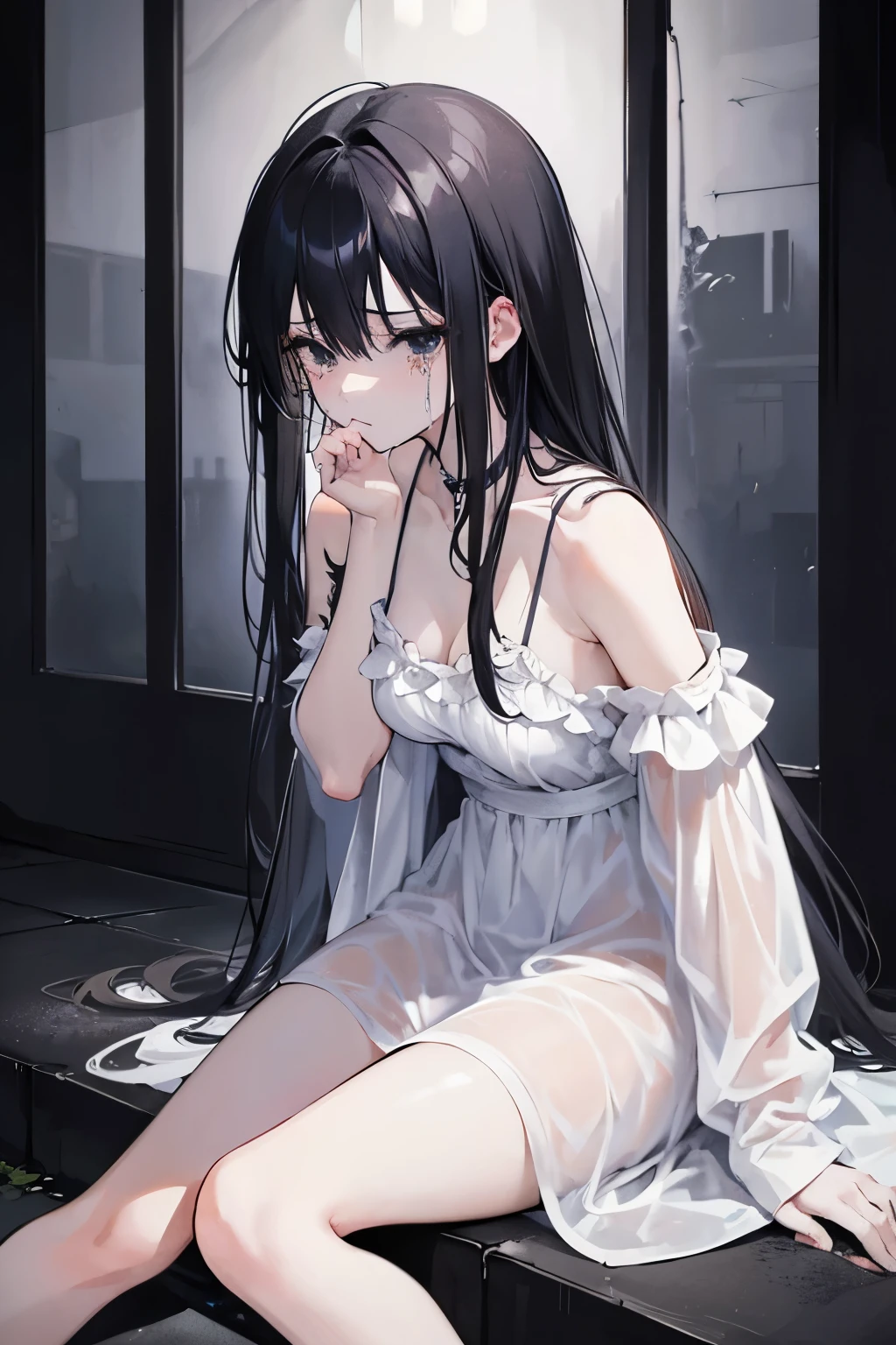 anime girl, angst, dark atmosphere, best quality, detailed face, scared look, crying, throwing up, long black hair, sitting on the ground, wearing a white nightgown with spaghetti straps, black eyes, very skinny