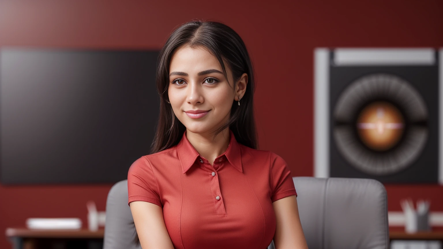 a friendly customer service representative, expressive eyes, full smile, professional attire, office setting, 8k, masterpiece, RAW photo, best quality, photorealistic, extremely detailed CG unity 8k wallpaper, Depth of field, Cinematic Light, Lens Flare, Ray tracing, (extremely beautiful face, beautiful lips, beautiful eyes), intricate detail face, ((ultra detailed skin)), ((1girl:1.9)), ((alone:1.9)), ((19years old)), (big smile;1.4), (beautiful and aesthetic:1.2), deep shadow, (sharp focus), [(((Raiana-Elizabeth-Dilla:1.9)))], pretty girl, (very slim slender fit-muscled body:1.9), (((business-style fashion:1.9))), (((stylish ((red:1.5)) clothes))), (((modern office background:1.9))), (shiny skin), clear eyes, (pale skin), ((eyes-view:1.9)), ((extreme-close-up:1.9, cinematic shot)),  soft lighting, (flowing dark-black hair), (((looking at viewer:1.9))), highly detailed, ultra realistic, extremely detailed and realistic ((red:1.5)) clothes.