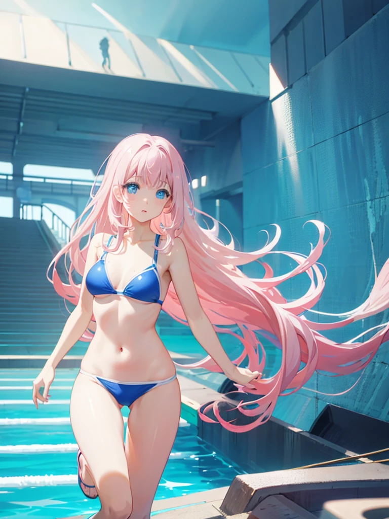 楽しそう、Full Body Shot、Semi-long hair、Pink Hair、Pale blue eyes、、Swimsuit、pool、Medium breast、、whole body、stick out your butt