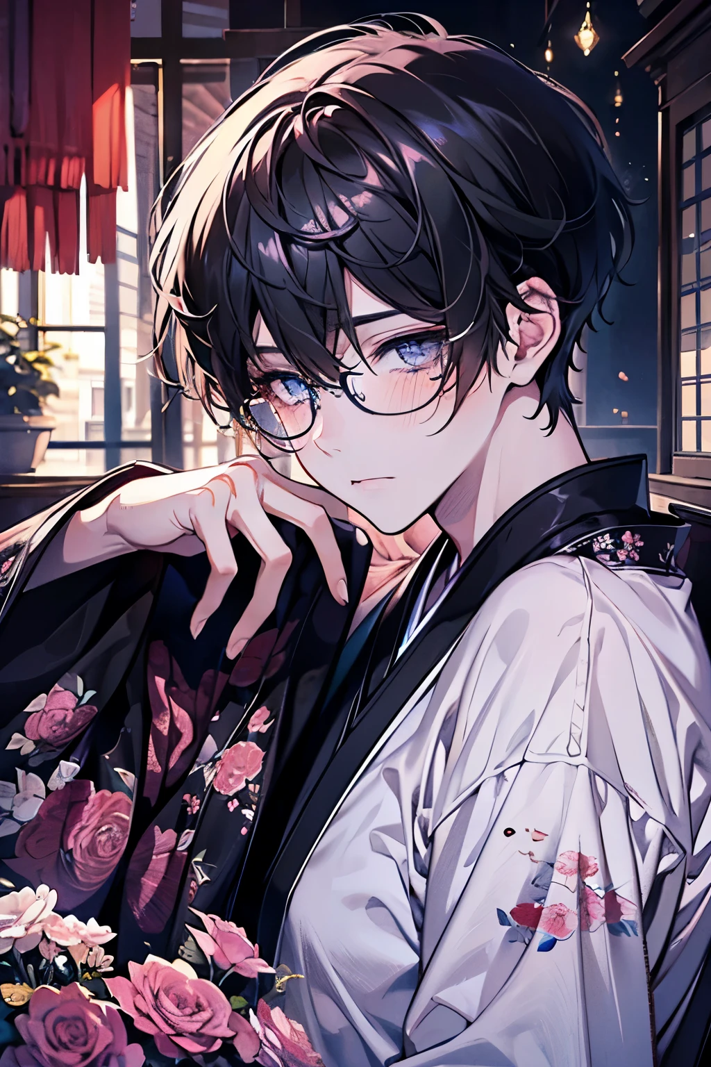 ((Beautiful men's:1.2)), black hair,Sparkling marble eyes,Shiny Sparkling eyes,Oversized floral T-shirt,high quality, amount of drawing, pixiv illustration,nsfw,beautiful image,perfect pixiv,glasses,(Crying),blush,Shyness,Japanese-style room