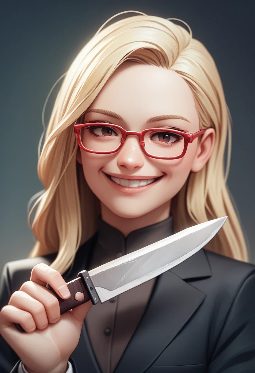 (avatar blonde woman), (long hair alone smiling), (only the bust), (Black Suit), (Red glasses), (holding and knife in hand), (3d style image).
